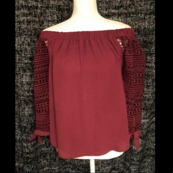 Express Off The Shoulder Burgundy Crochet Sleeve - Picture 2 of 10